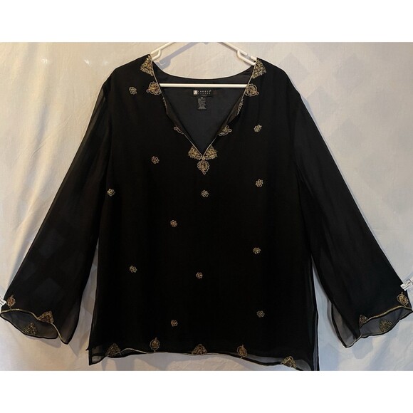 Vtg CAROLE LITTLE Woman Whimsigoth Boho Embroidered Beaded Black Silk Tunic 2X - Picture 1 of 8